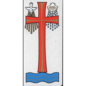 Baptism candle transfer with a red cross, dove and water