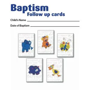 Five baptism follow-up cards featuring colourful cartoon animals