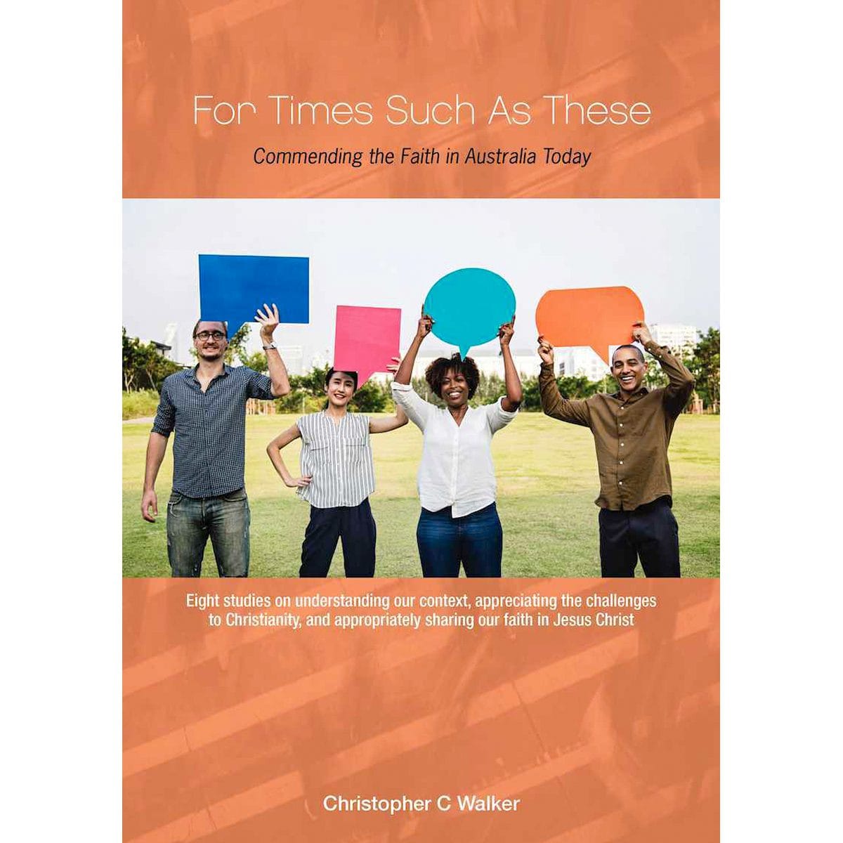 For Times Such as These book cover showing four people holding colourful speech bubbles