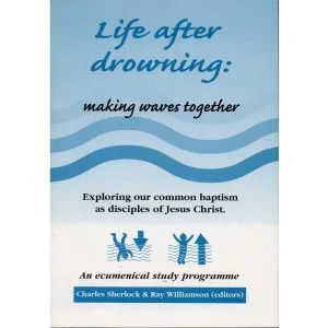Blue cover of Life After Drowning featuring waves and baptism symbols