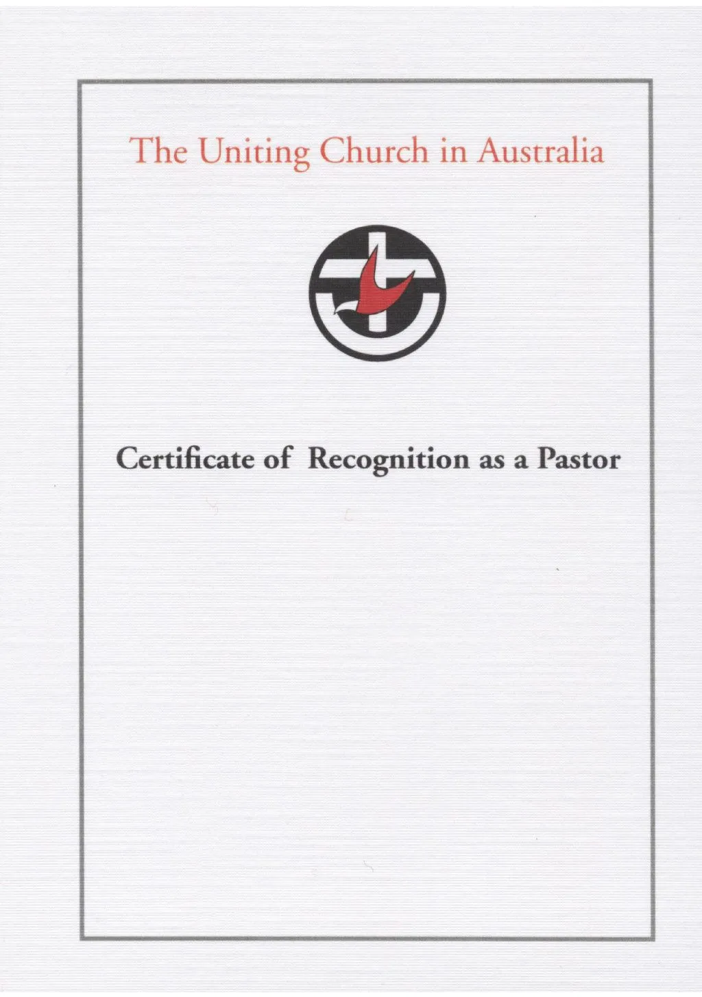 Blank Certificate of Recognition as a Pastor with UCA logo